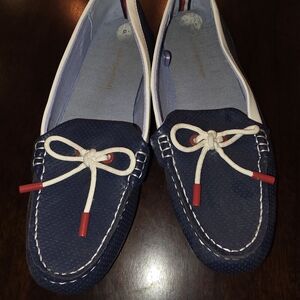 Size 8 1/2 Tommy Hilfiger Navy Blue Loafers with White & Red Accents